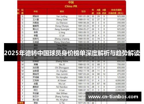 2025年德转中国球员身价榜单深度解析与趋势解读